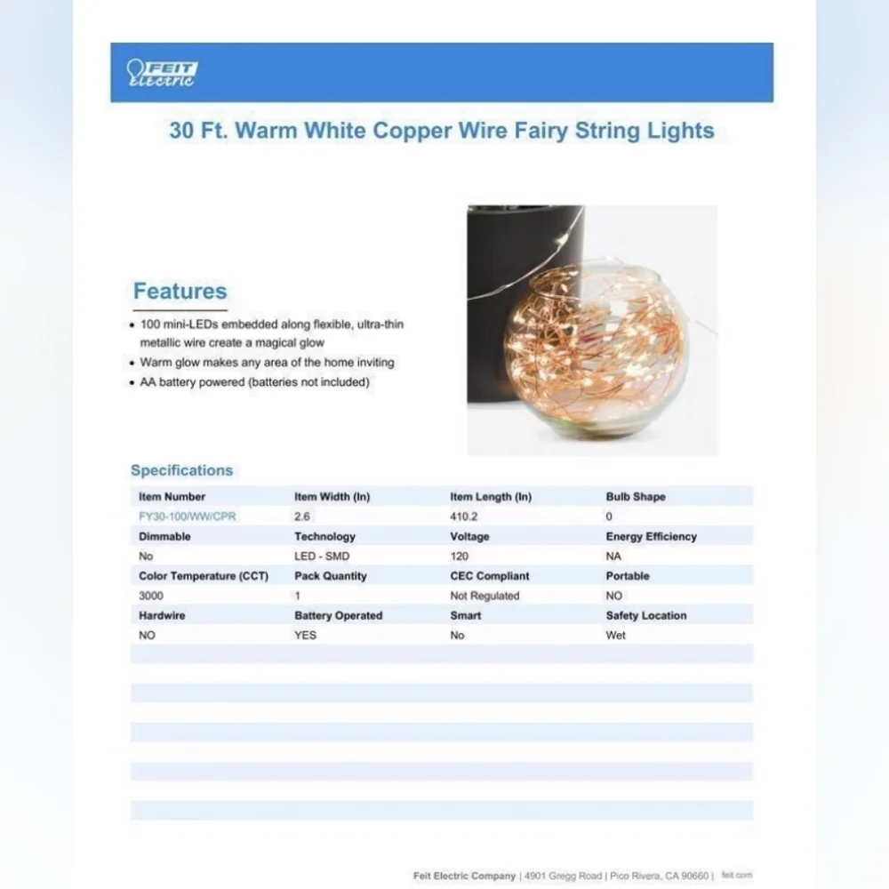 Feit LED Fairy String Lights Warm White -or- Multi-Colored 30ft 100 Lights